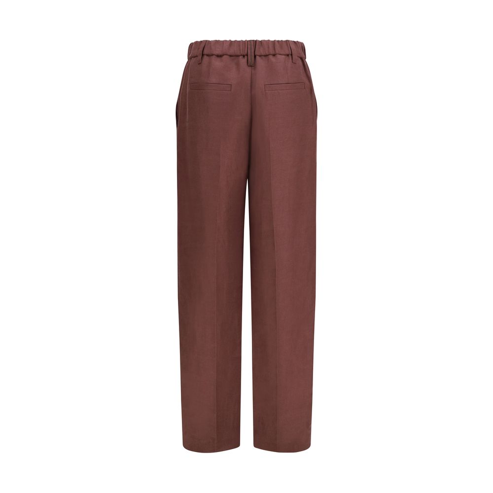 Brown linen casual pants by Brunello Cucinelli with a relaxed fit and tailored waistband, displayed on a hanger.