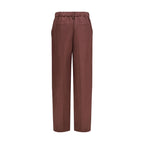 Brown linen casual pants by Brunello Cucinelli with a relaxed fit and tailored waistband, displayed on a hanger.
