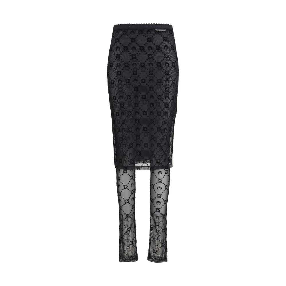 Black recycled polyamide midi skirt by Marine Serre, showcasing a sleek, fitted design with a high waist and minimalist style.