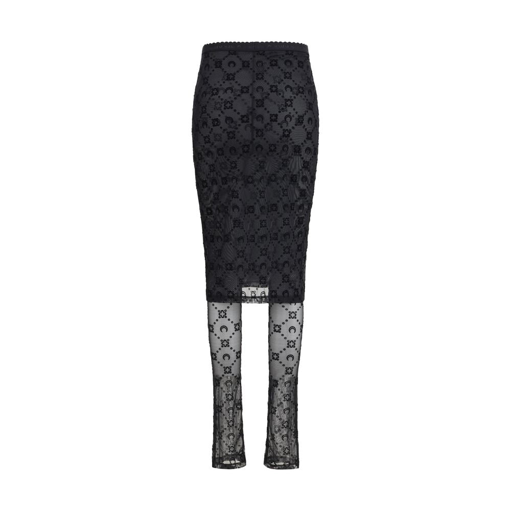 Black recycled polyamide midi skirt by Marine Serre featuring a sleek, fitted design and elegant length for contemporary style.