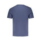 Timberland blue cotton men's T-shirt displayed flat, showing short sleeves and classic crew neckline.