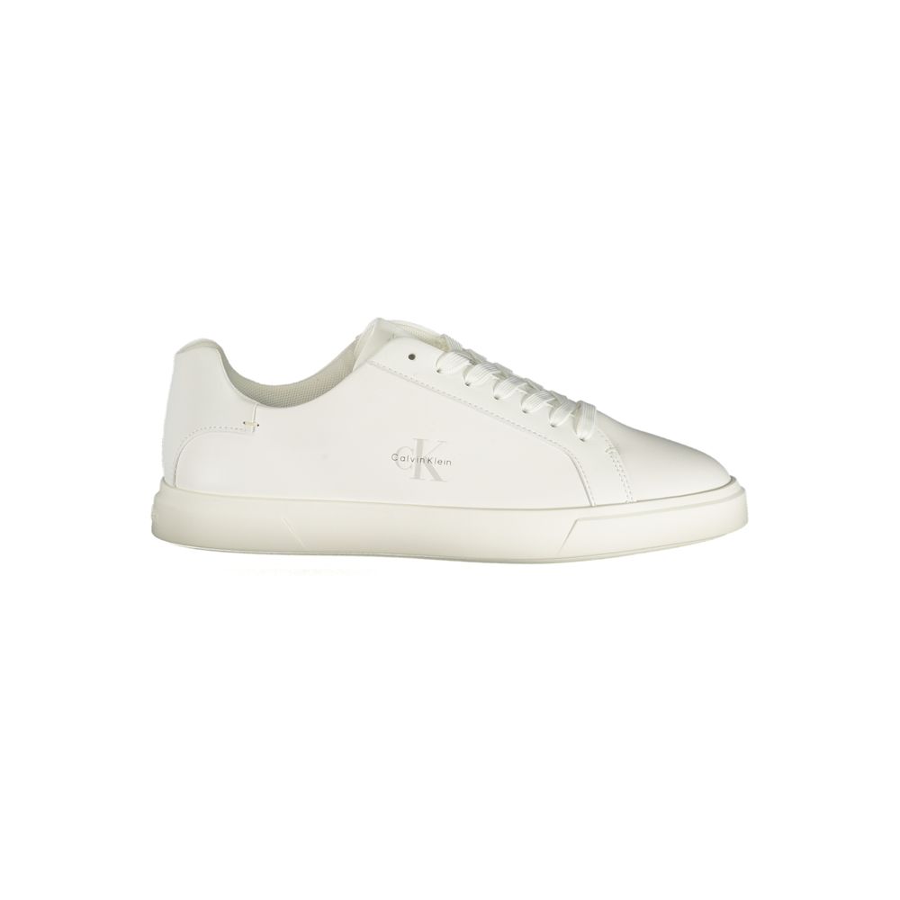 White Calvin Klein polyurethane women's sneaker with sleek design and comfortable fit, shown from the side.