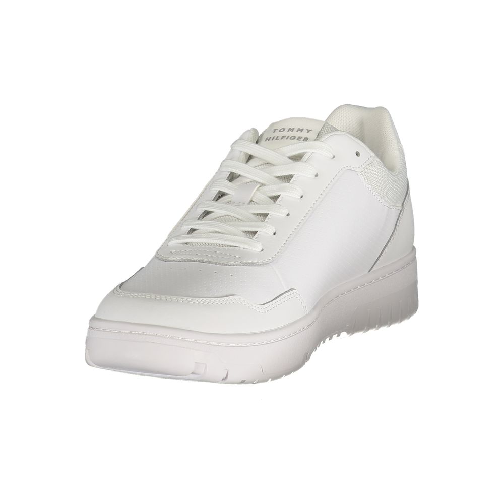 White Tommy Hilfiger men's sneaker with polyurethane upper, casual athletic style, and classic branding details.