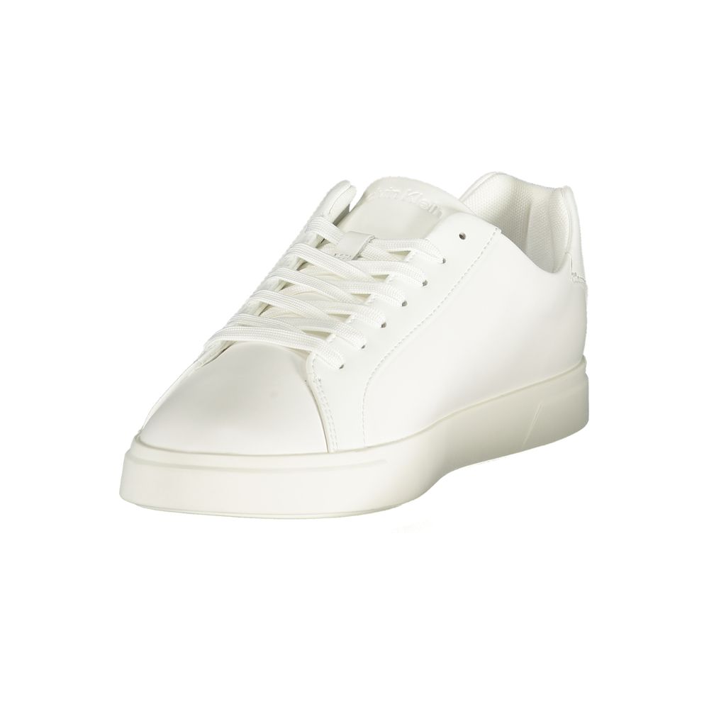 Calvin Klein white polyurethane men's sneaker with sleek design and white laces, casual athletic footwear.