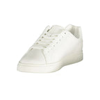 Calvin Klein white polyurethane men's sneaker with sleek design and white laces, casual athletic footwear.