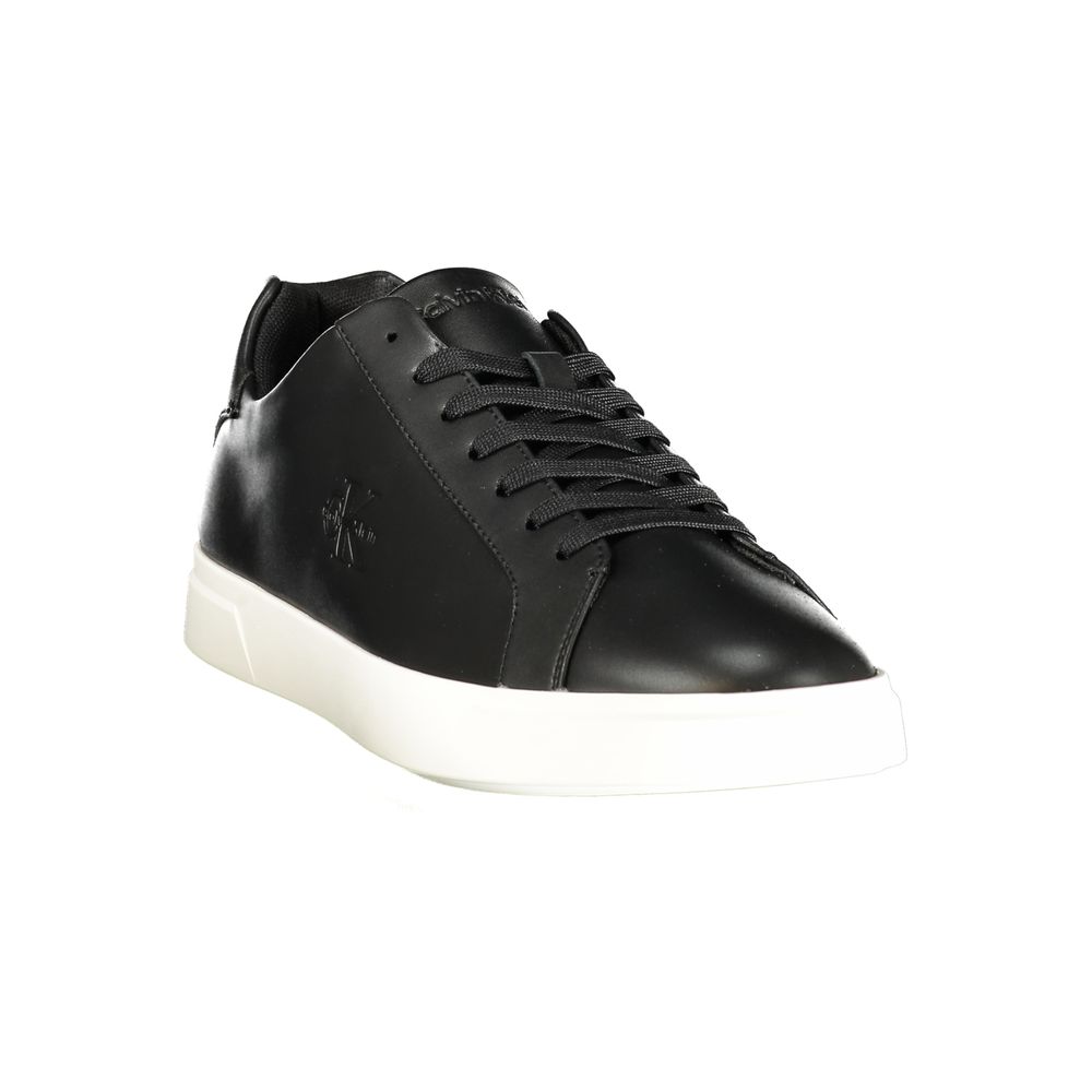 Calvin Klein black polyurethane men's sneaker with sleek design and white sole, showcasing modern athletic footwear style.