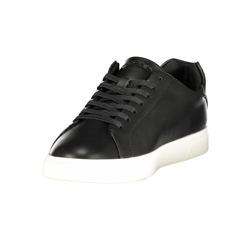 Calvin Klein black polyurethane men's sneaker with white sole and sleek design, close-up view of the stylish athletic shoe.