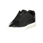 Calvin Klein black polyurethane men's sneaker with white sole and sleek design, close-up view of the stylish athletic shoe.