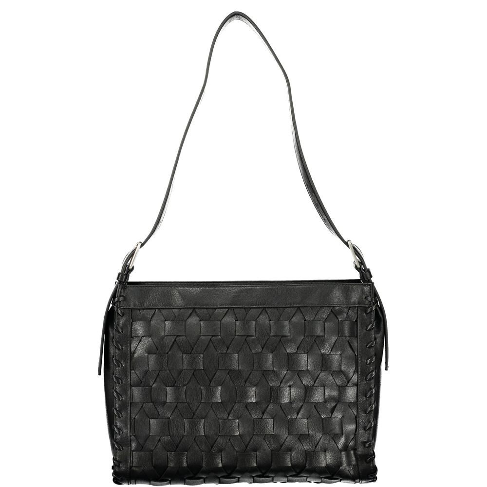 Desigual black polyurethane women's handbag with stylish design, featuring a textured surface and shoulder strap.