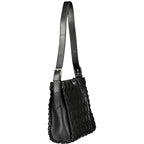 Desigual black polyurethane women's handbag with stylish design and top handle, featuring textured surface and zipper closure.