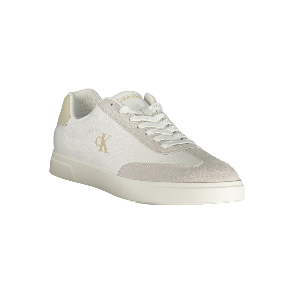 White Calvin Klein men's polyurethane sneaker with sleek design and rubber sole, perfect for casual and stylish wear.