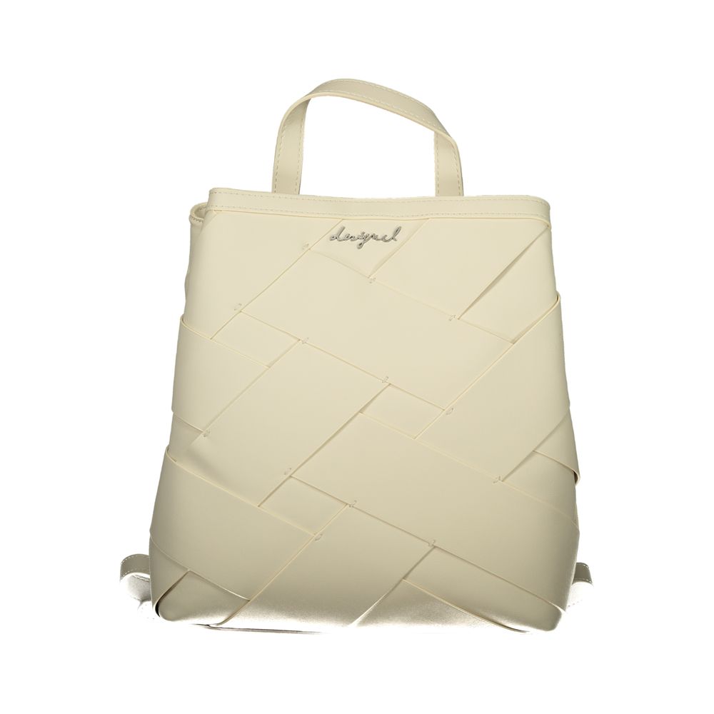 Desigual Bianco mini backpack made of white polyurethane with colorful patterns and adjustable straps, designed for women.