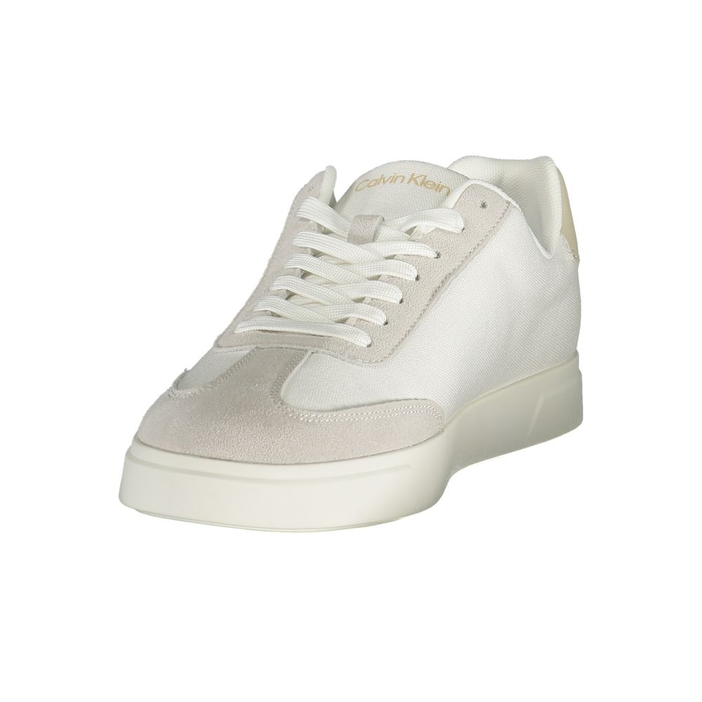 White Calvin Klein polyurethane men's sneaker with sleek design and breathable upper, featuring lace-up closure and cushioned sole.