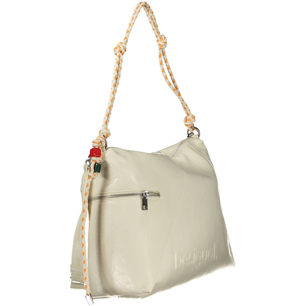 Desigual ecru polyurethane women's handbag with textured design and top handle, stylish and functional fashion accessory.