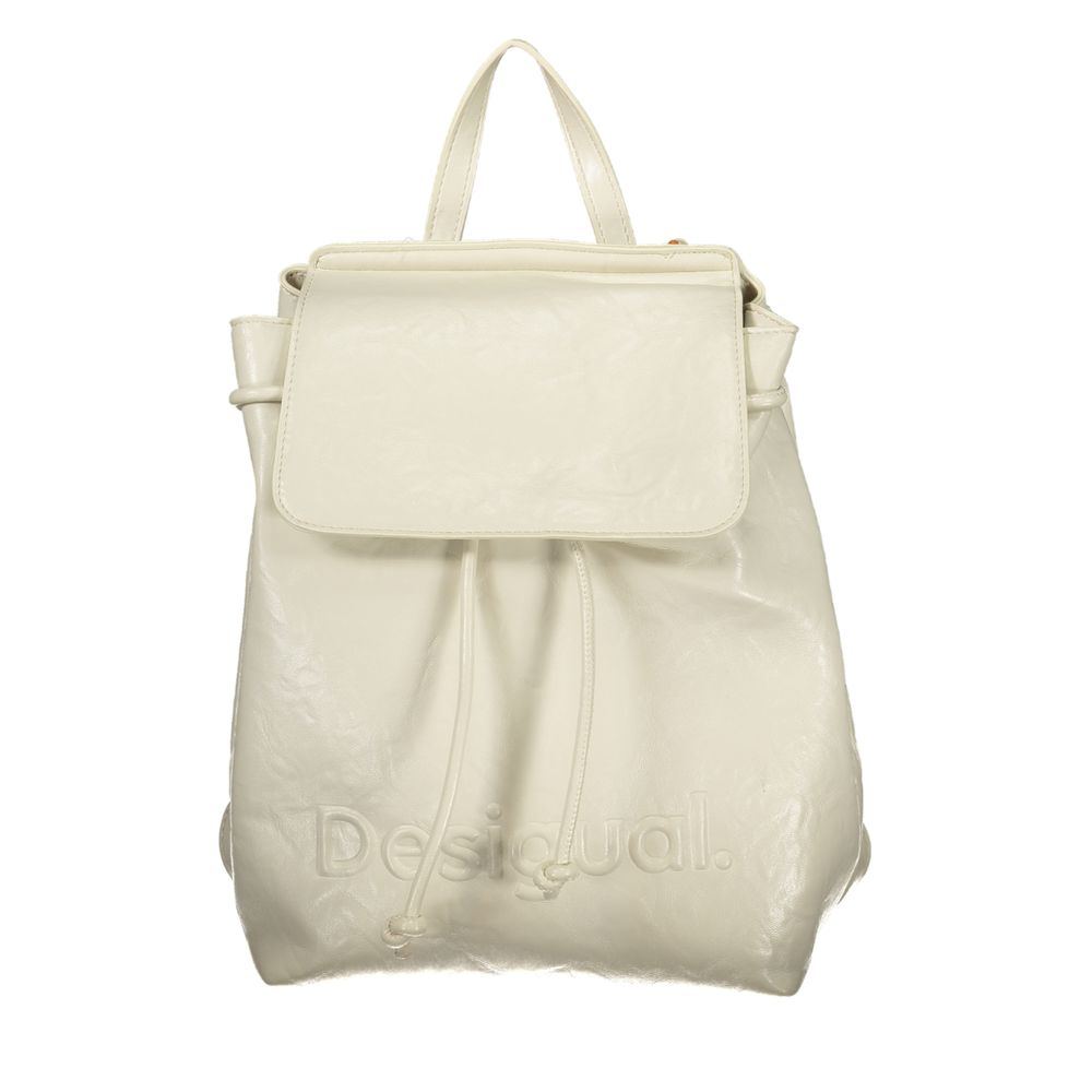 Desigual ecru polyurethane women's backpack with adjustable straps and front zipper pocket, stylish and functional accessory.