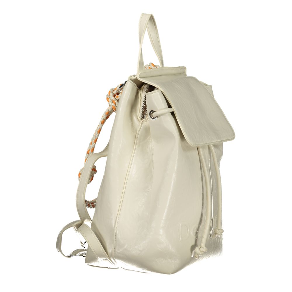 Desigual ecru polyurethane women's backpack with adjustable straps and front zipper pocket, stylish and functional for everyday use.