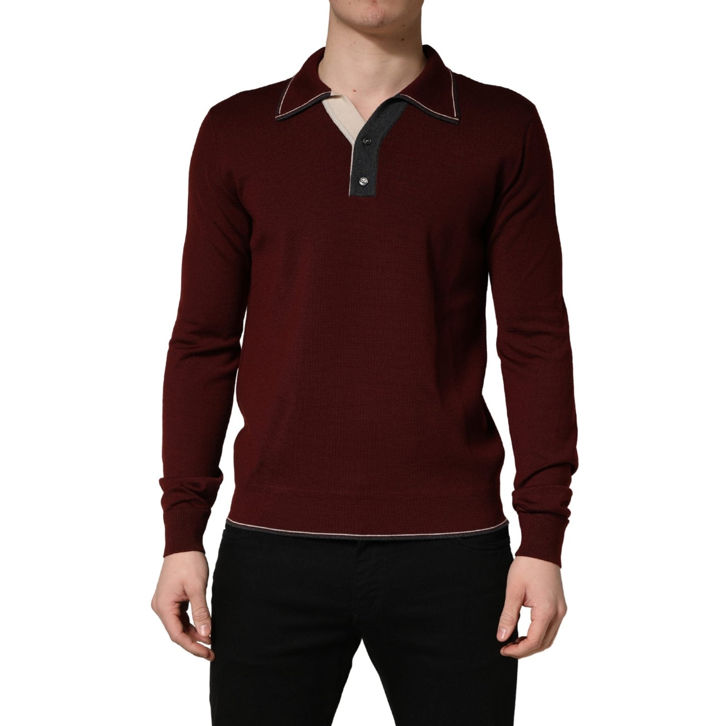 Dolce & Gabbana Maroon Re-Edition Wool Long Sleeves T-shirt