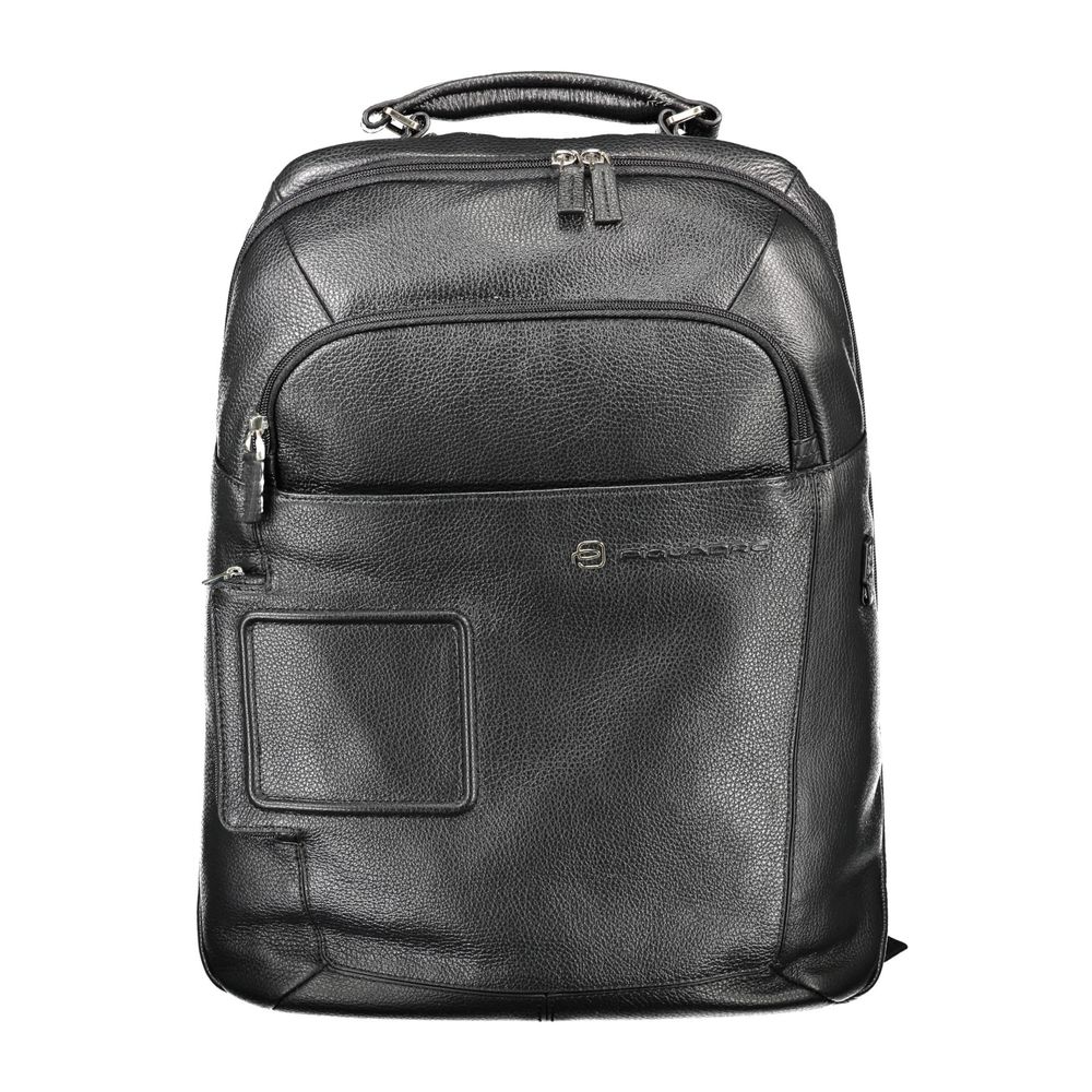 Black leather men's backpack by Piquadro with multiple compartments and adjustable shoulder straps.