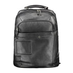 Black leather men's backpack by Piquadro with multiple compartments and adjustable shoulder straps.