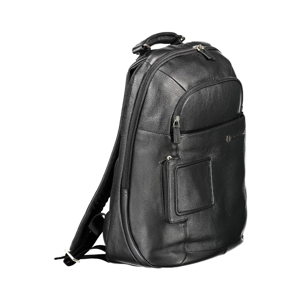 Piquadro black leather men's backpack with multiple compartments and adjustable straps, stylish and durable for everyday use.