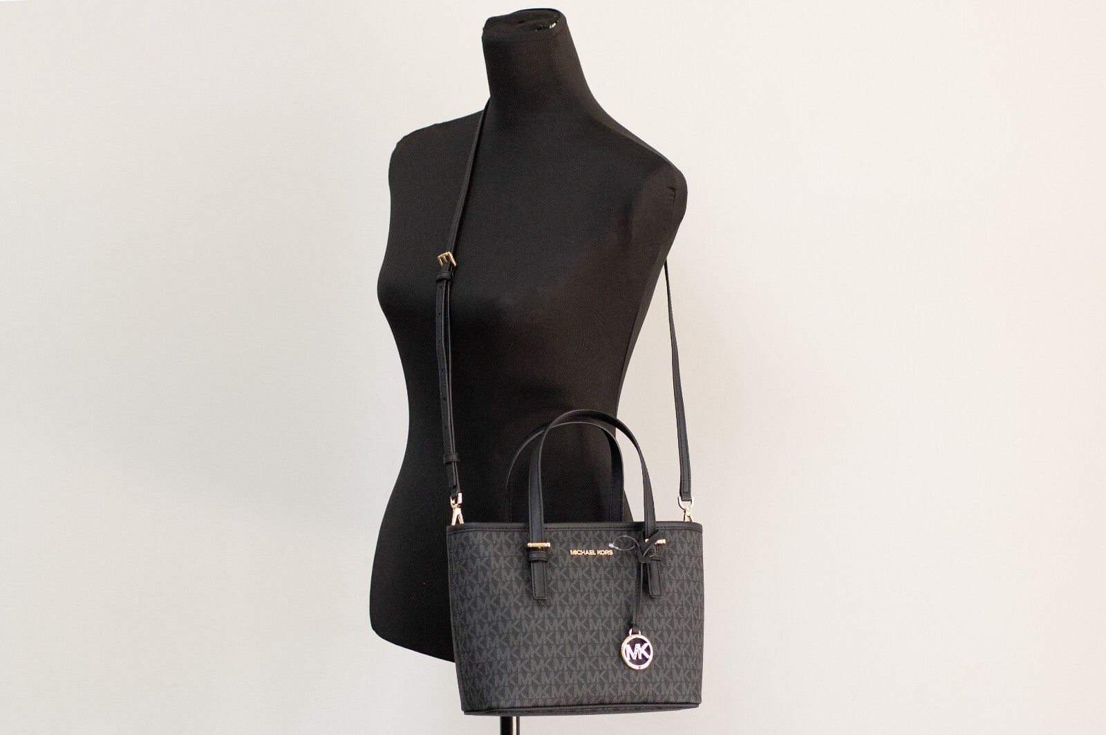 Michael Kors XS Carry All Jet Set Travel Womens Tote BLACK SIG/GOLD