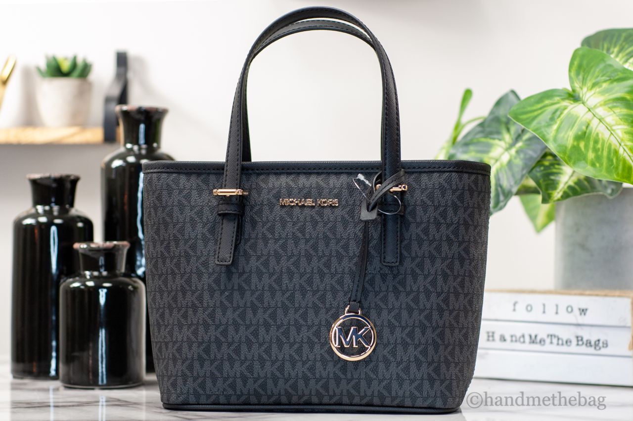 Michael Kors XS Carry All Jet Set Travel Womens Tote BLACK SIG/GOLD