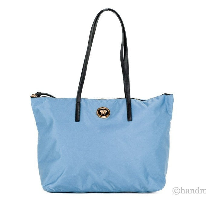Versace Portuna Medusa Medium Cornflower Blue Nylon Leather Tote Bag Purse