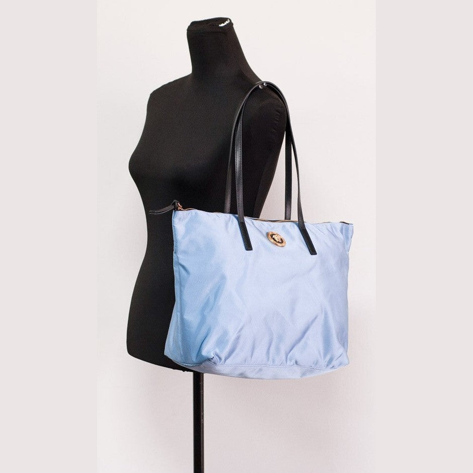 Versace Portuna Medusa Medium Cornflower Blue Nylon Leather Tote Bag Purse