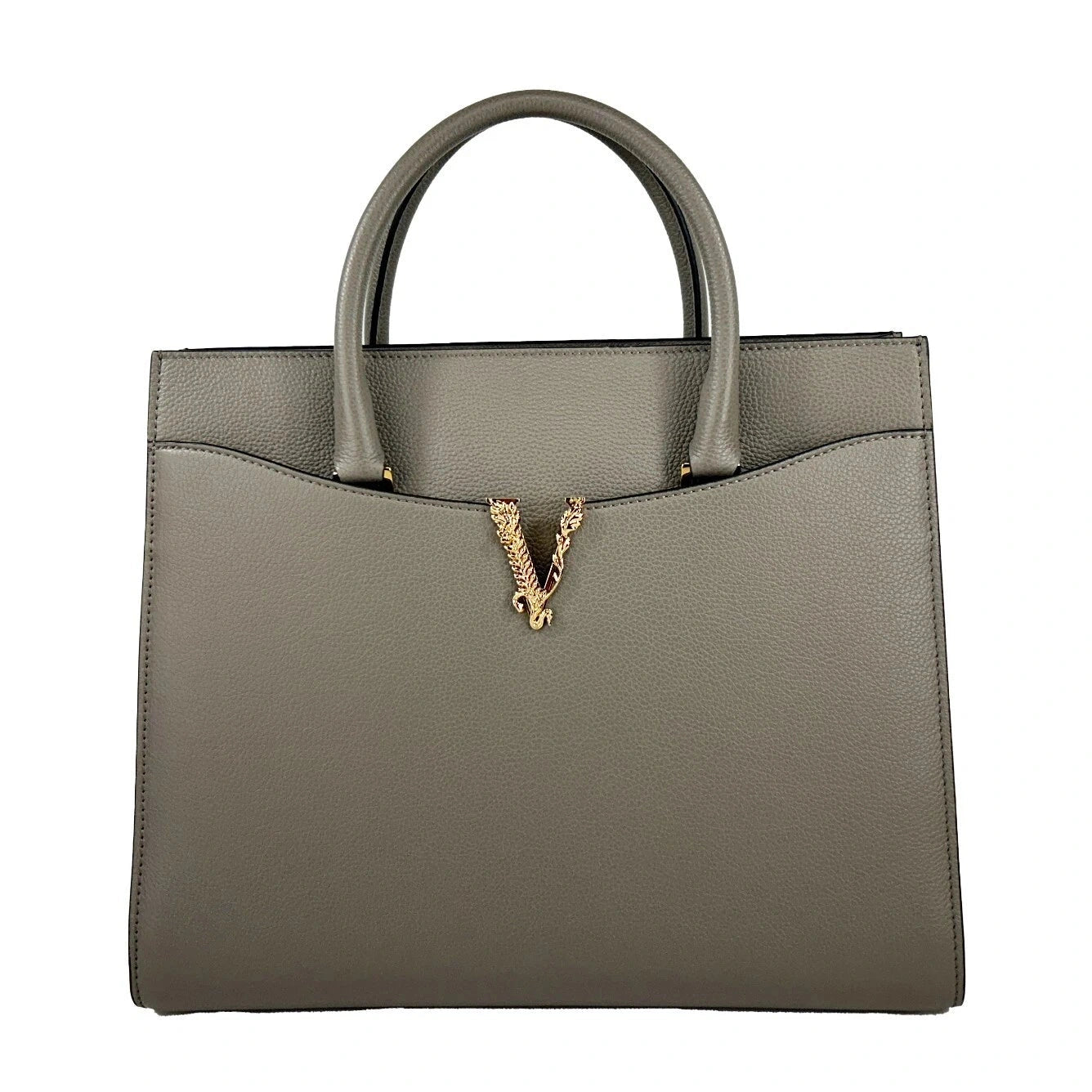 Versace Virtus Large Leather Top Handle Satchel Bag Tote Gray