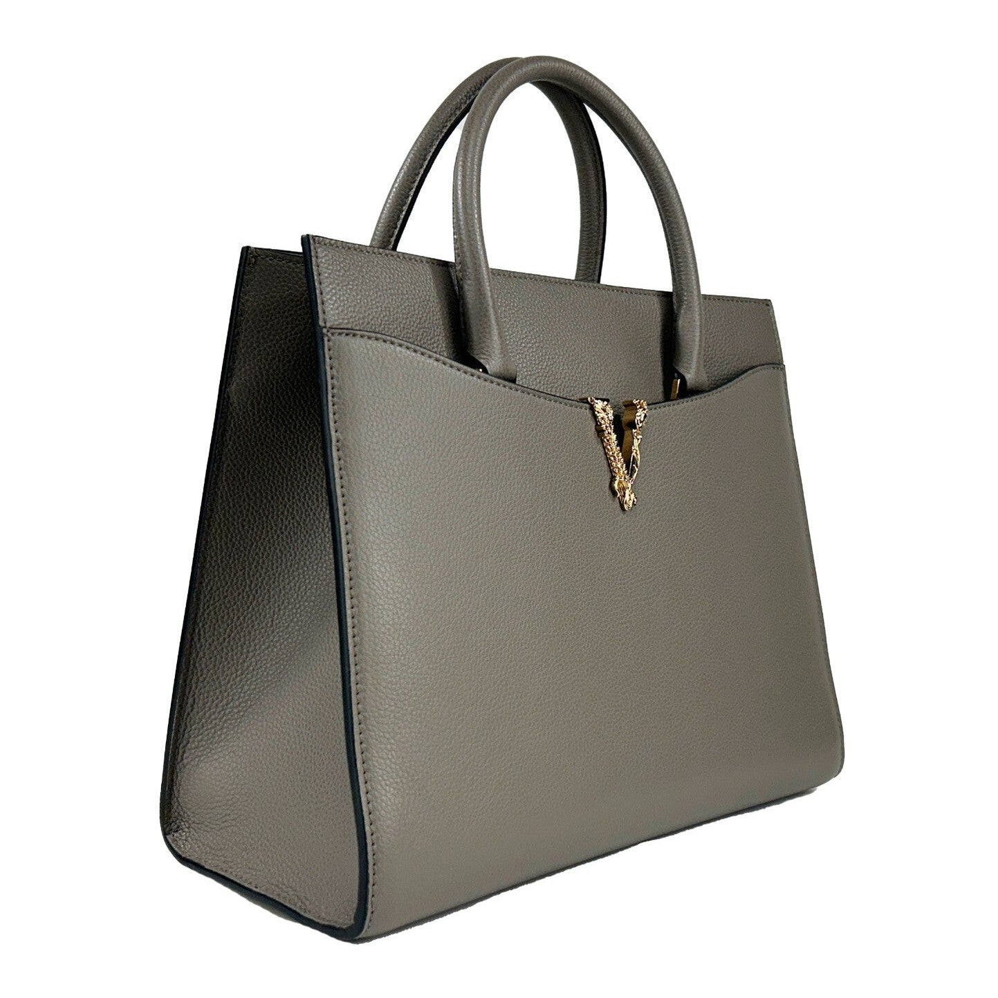 Versace Virtus Large Leather Top Handle Satchel Bag Tote Gray