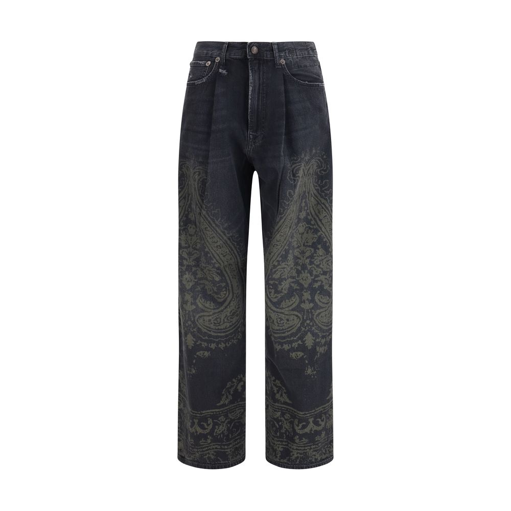 R13 black cotton denim jeans with classic straight-leg fit, front pockets, and stylish stitching details.