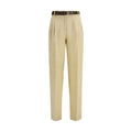 Max Mara beige linen casual pants with relaxed fit and elastic waistband, shown on a model.