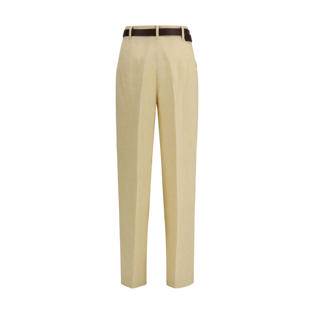 Max Mara beige linen casual pants with a relaxed fit and side pockets, perfect for comfortable everyday wear.