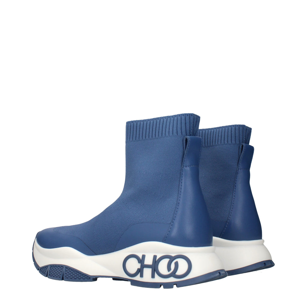 Jimmy Choo blue fabric ankle boots with sleek design and pointed toes, showcased on a neutral background.
