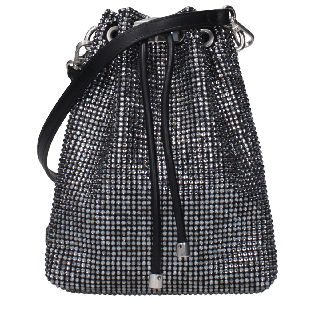 Jimmy Choo black satin crossbody bag with sleek design and subtle branding, featuring a compact shape and elegant finish.