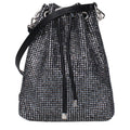 Jimmy Choo black satin crossbody bag with sleek design and subtle branding, featuring a compact shape and elegant finish.