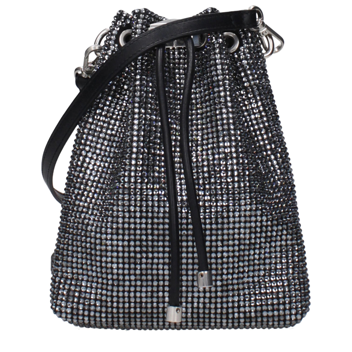 Jimmy Choo black satin crossbody bag with sleek design and subtle branding, featuring a compact shape and elegant finish.
