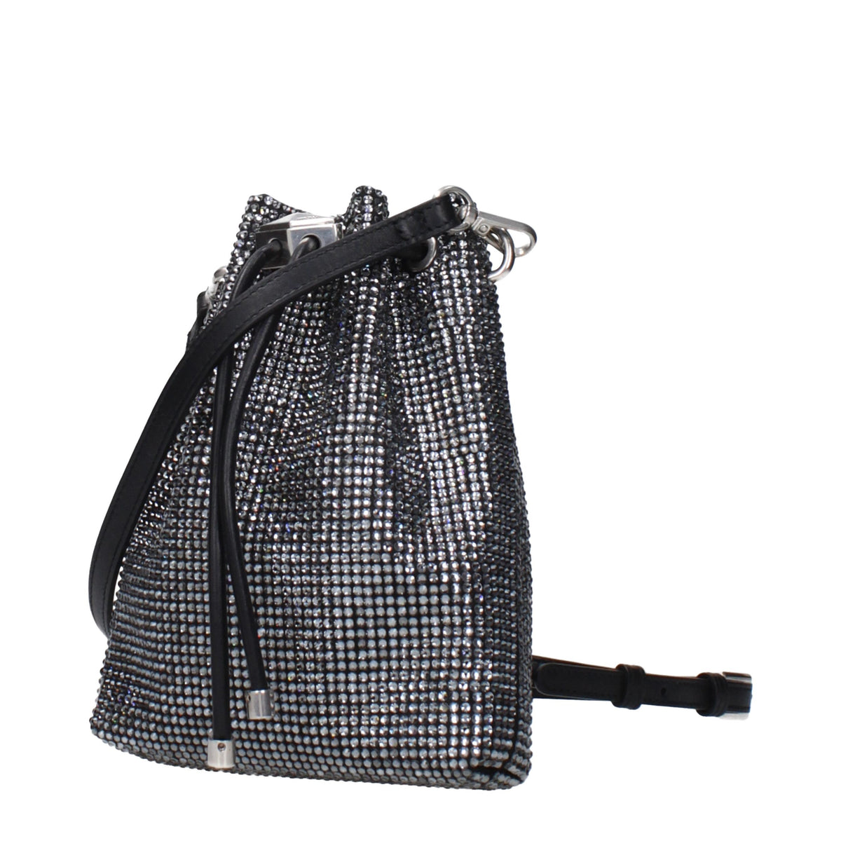 Jimmy Choo black satin crossbody bag with sleek design, featuring a compact shape and elegant finish.