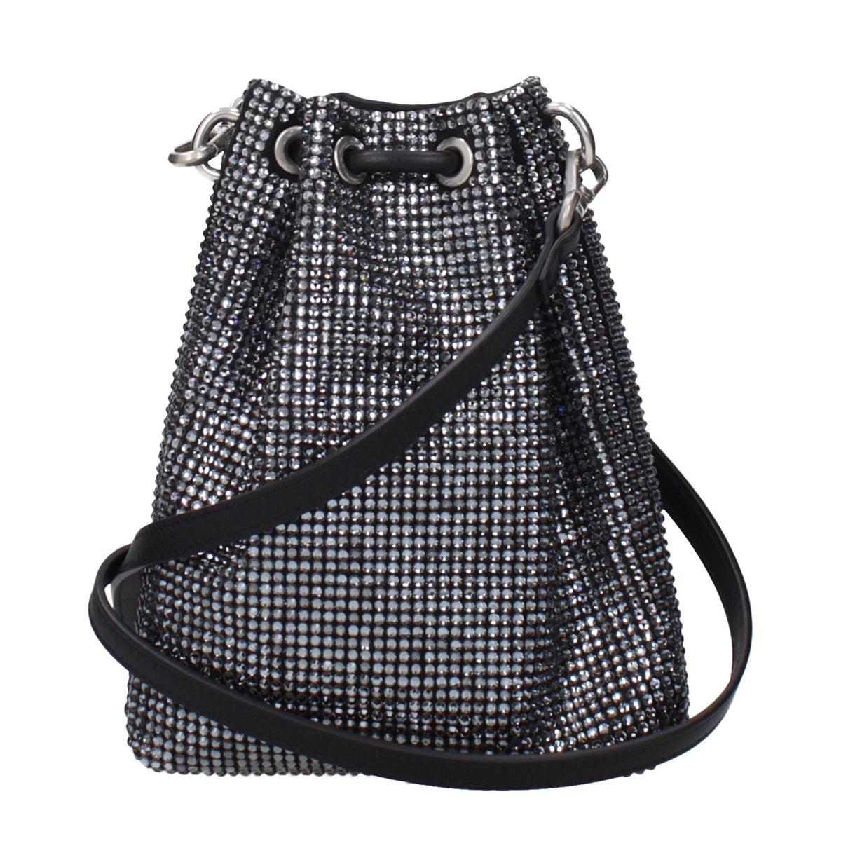 Jimmy Choo black satin crossbody bag with sleek design and gold-tone hardware, featuring a chain strap and elegant finish.