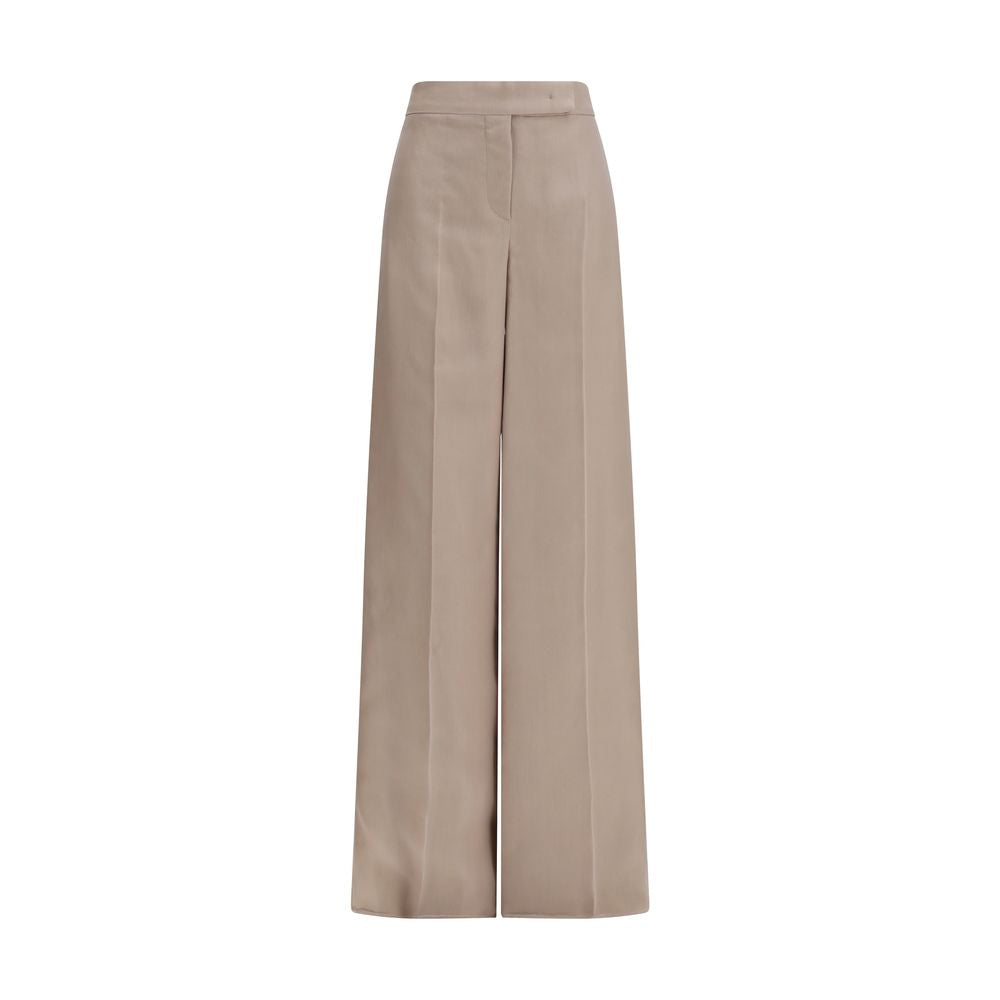 Max Mara beige silk casual pants, relaxed fit with waistband and pockets, draped on a hanger.