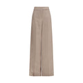 Max Mara beige silk casual pants, relaxed fit with waistband and pockets, draped on a hanger.