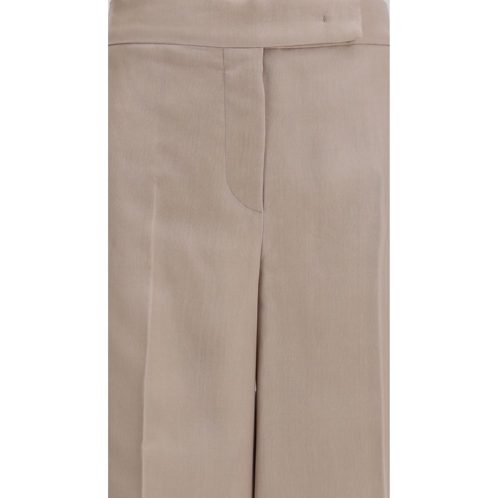 Max Mara beige silk casual pants with a relaxed fit and smooth fabric, displayed on a plain background.
