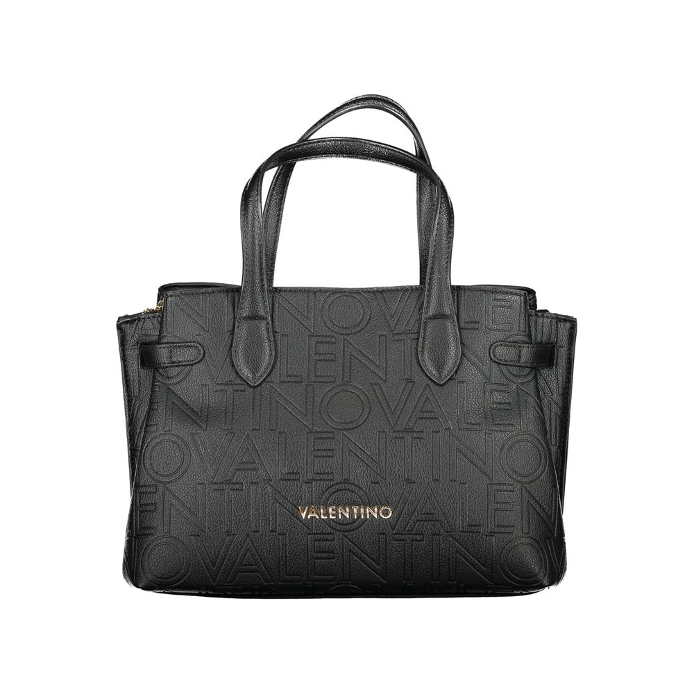 Mario Valentino black polyurethane women's bag with sleek design and top handle, showing front view with zipper details.