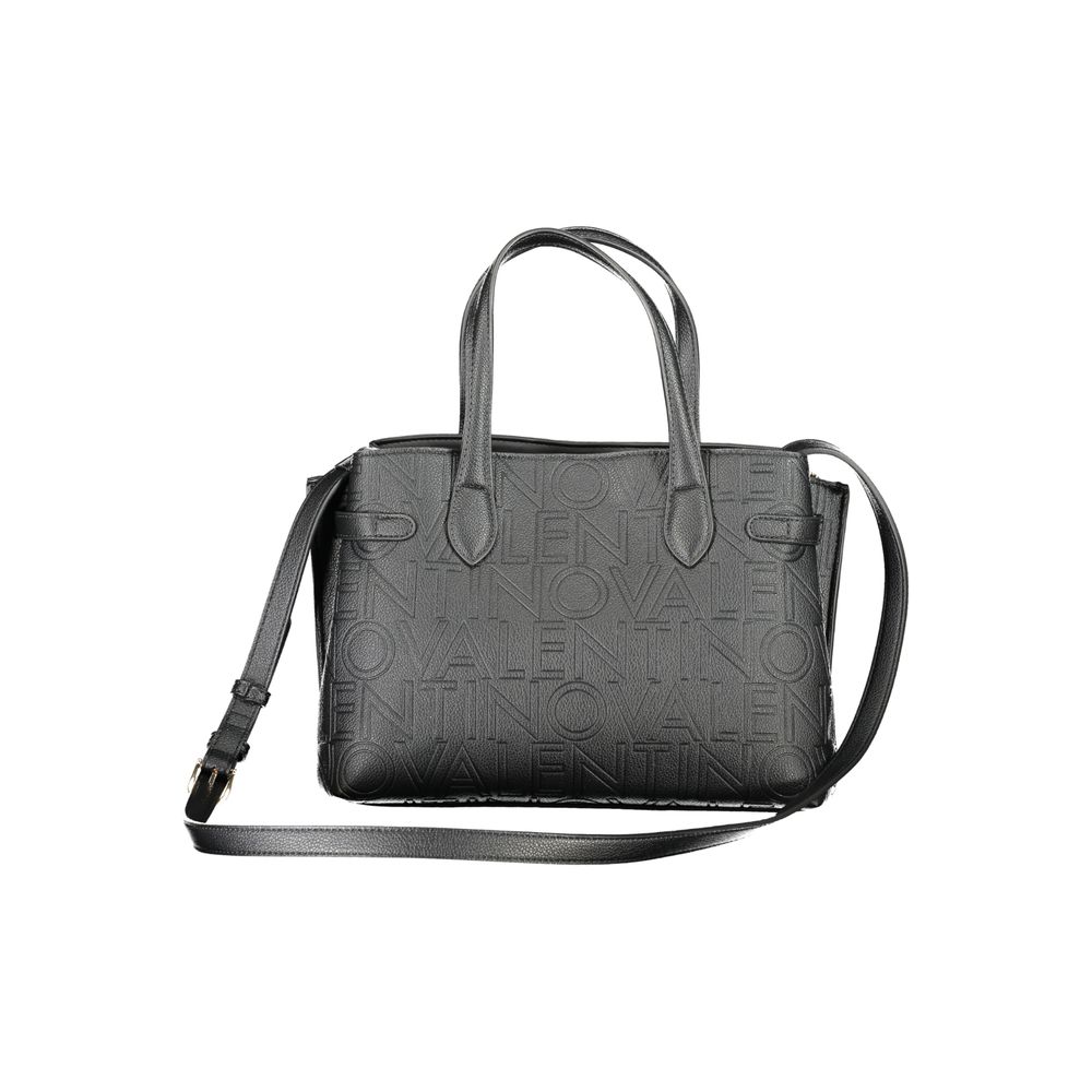 Mario Valentino black polyurethane women's bag with sleek design and top handle, featuring subtle branding and modern style.