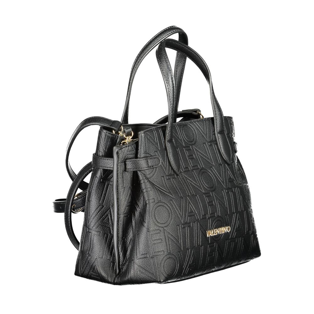 Mario Valentino black polyurethane women's bag with sleek design and top handle, featuring silver hardware and spacious interior.