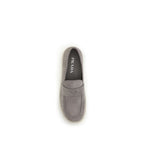 Prada gray calf leather Bos Taurus slip-on loafers with sleek design and minimal detailing.
