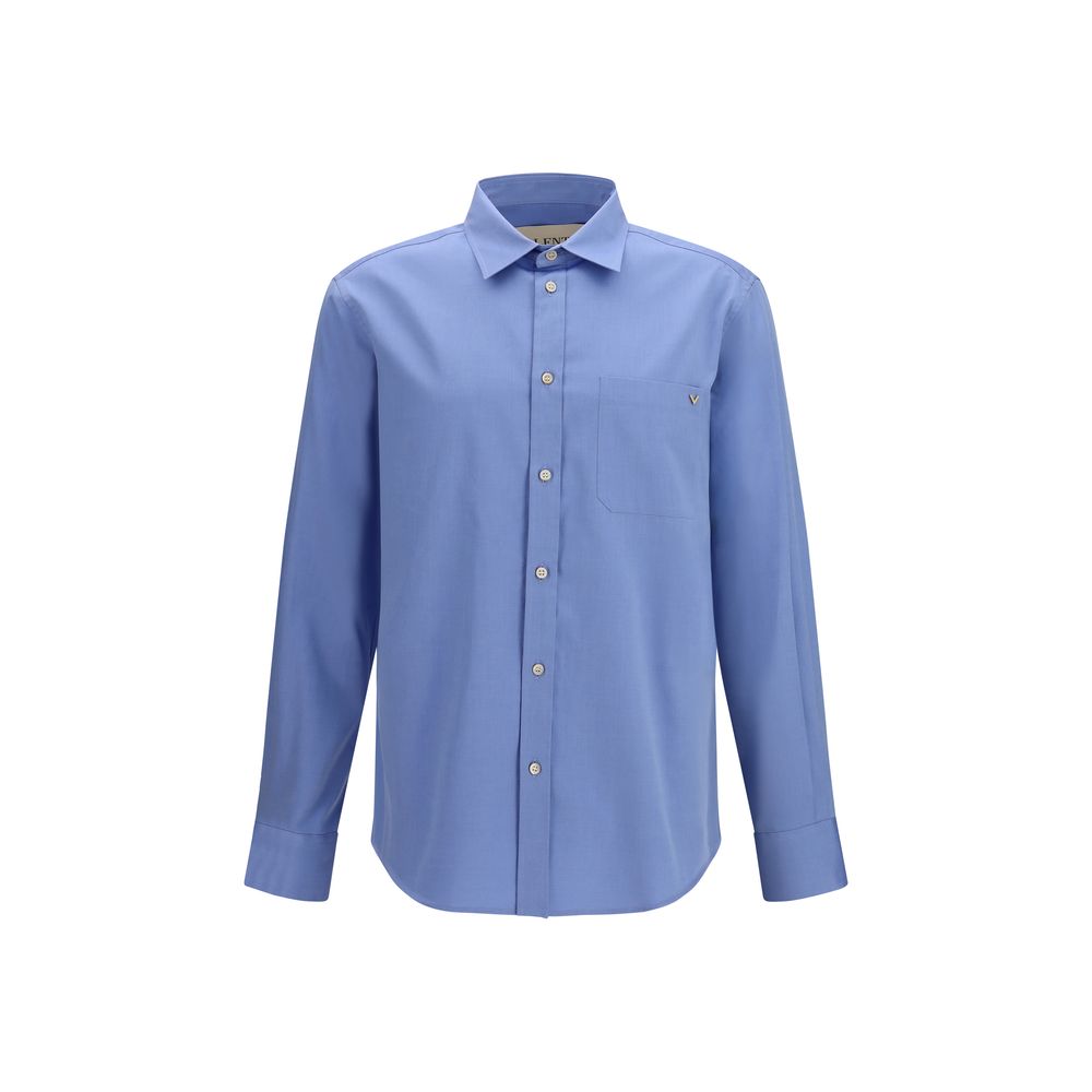 Valentino Garavani blue cotton shirt with classic collar and button-down front, styled on a hanger.