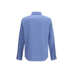 Valentino Garavani blue cotton shirt with a classic collar and button-down front, displayed on a hanger.