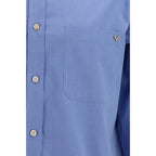 Valentino Garavani blue cotton shirt displayed flat with collar and button details, showcasing a stylish men's casual wear piece.