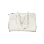 White Mario Valentino women's polyurethane bag with sleek design and silver hardware, featuring a top handle and spacious interior.